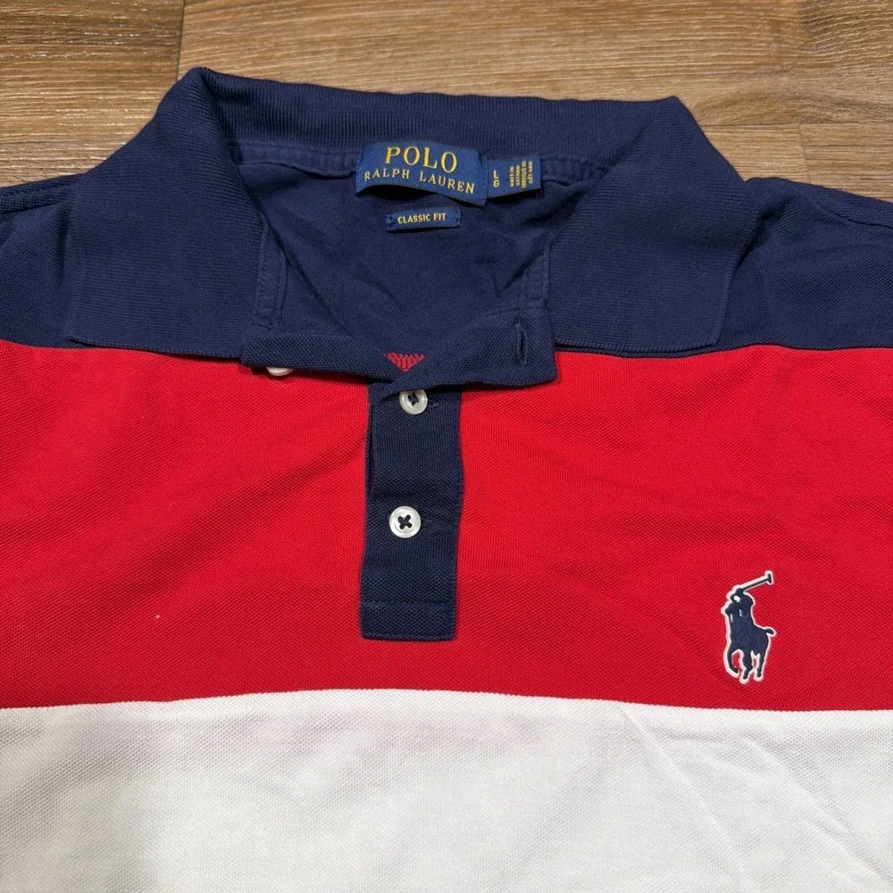 Polo Ralph Lauren Classic Fit Polo Shirt Men's LARGE‎ Red White Blue Colorblock
